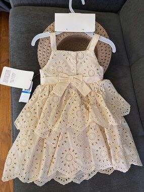Blueberi Boulevard Cream Eyelet Tiered Sundress with Bow Accent